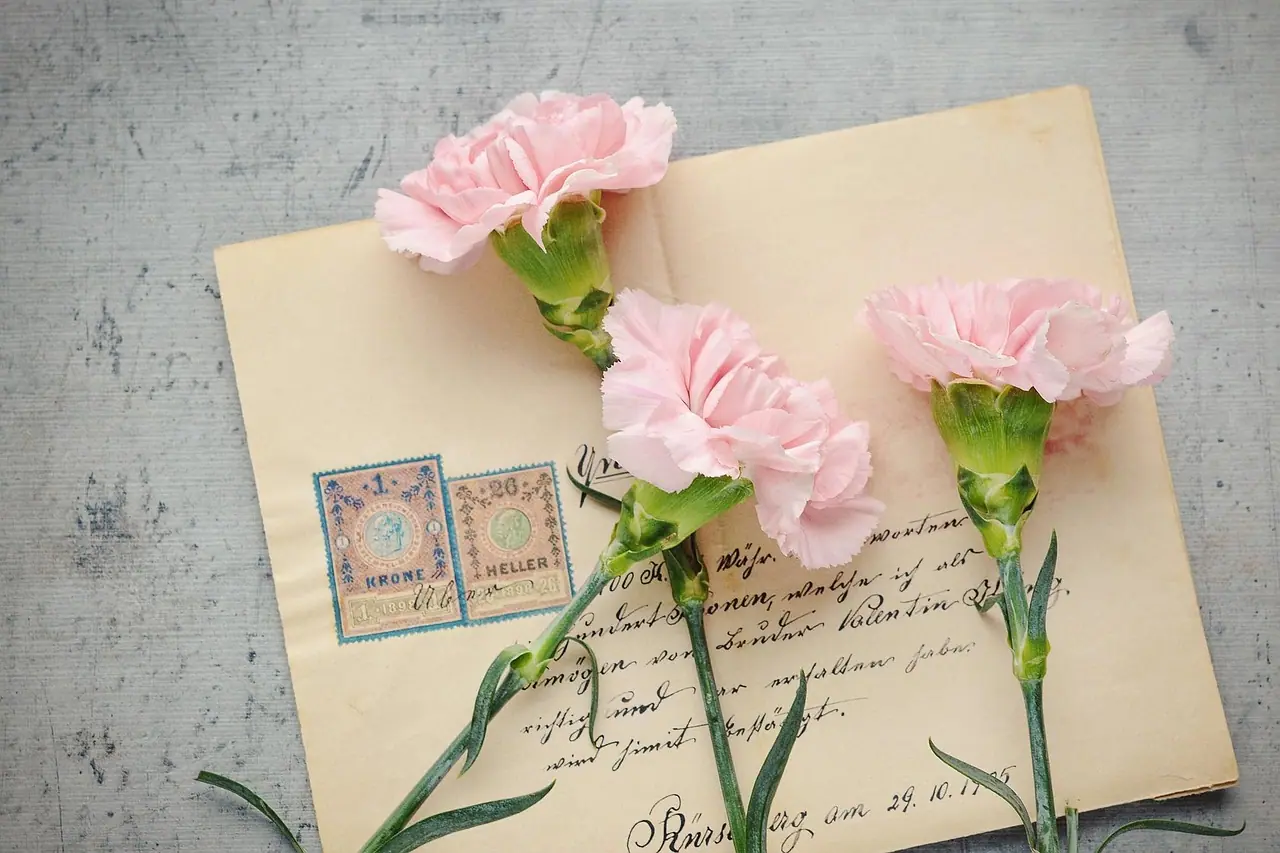 Photograph: letter, envelope, flower wallpaper