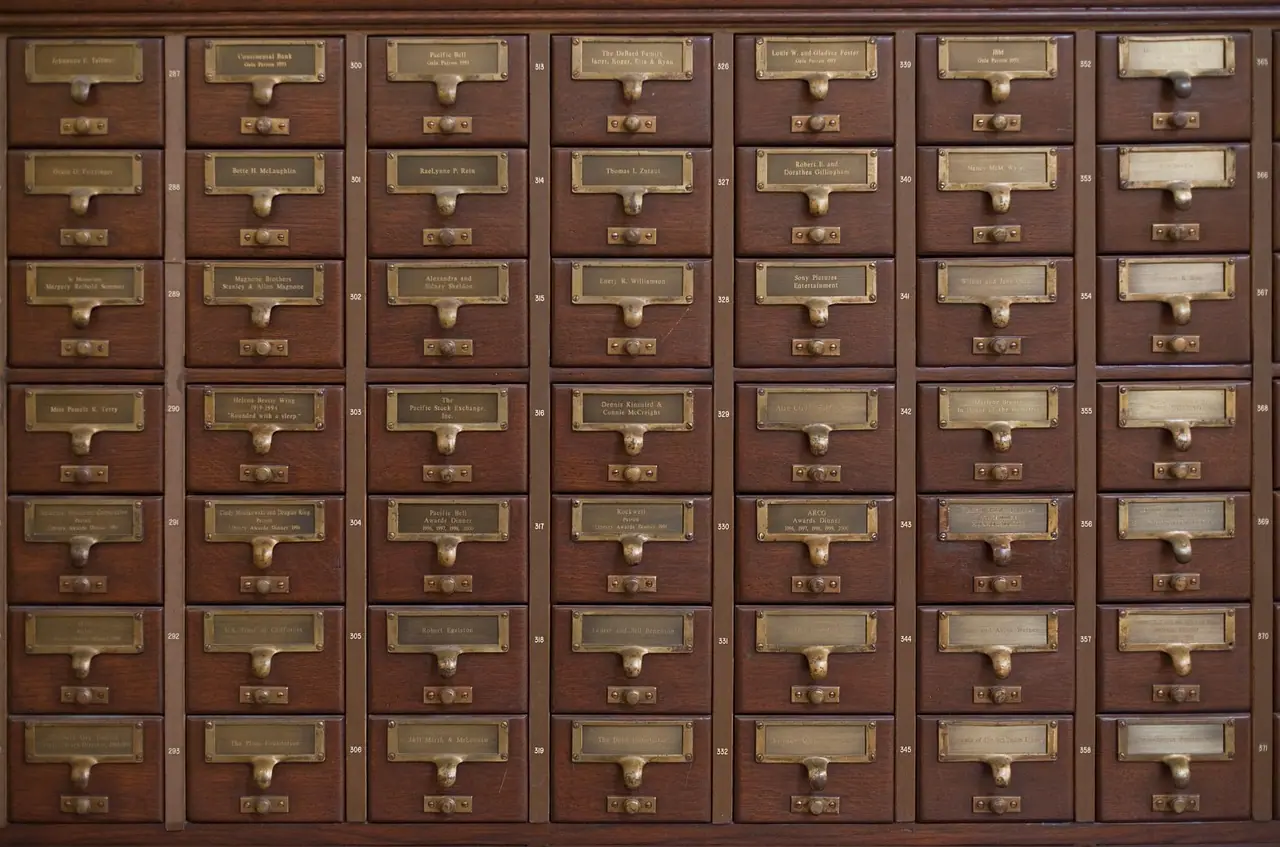 Photograph: card catalog, drawers, wood