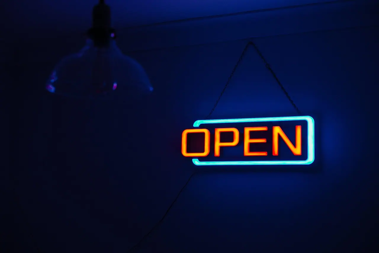 Photograph: open sign, neon lights, illuminated